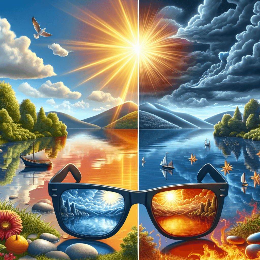 A bright, sunny landscape with harsh glares on water and metal objects, contrasted with a reduced glare view through polarized sunglasses.