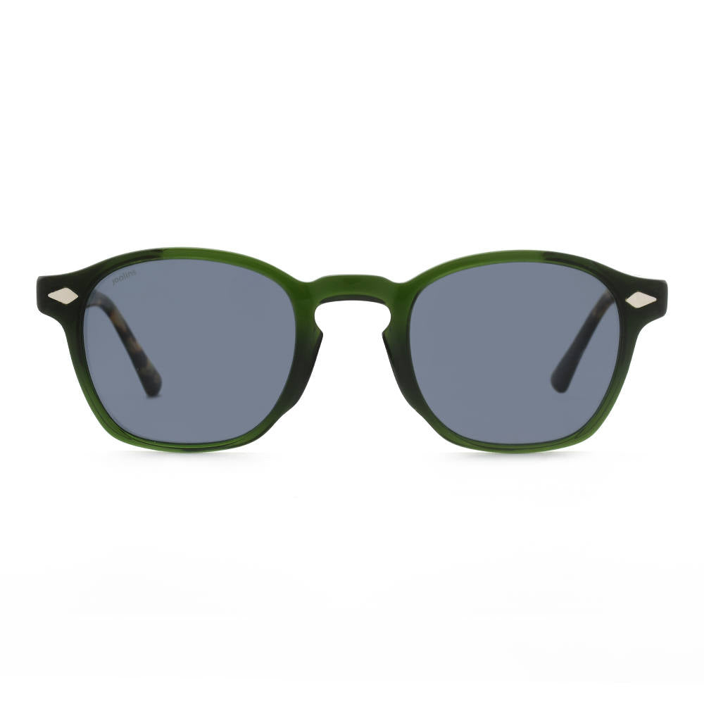 Green sunglasses with dark lenses on a white background