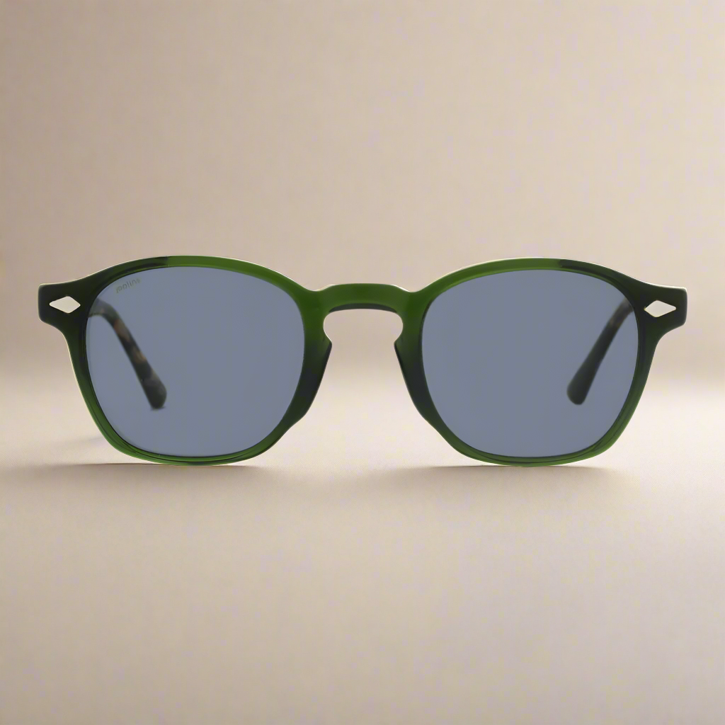 Green sunglasses with blue lenses on a beige background