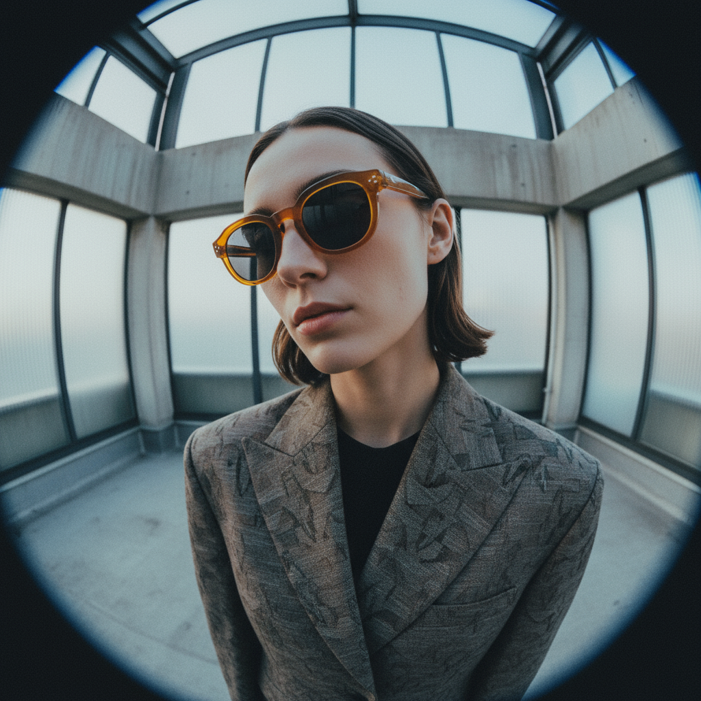 Person wearing sunglasses and a coat in a futuristic glass hallway