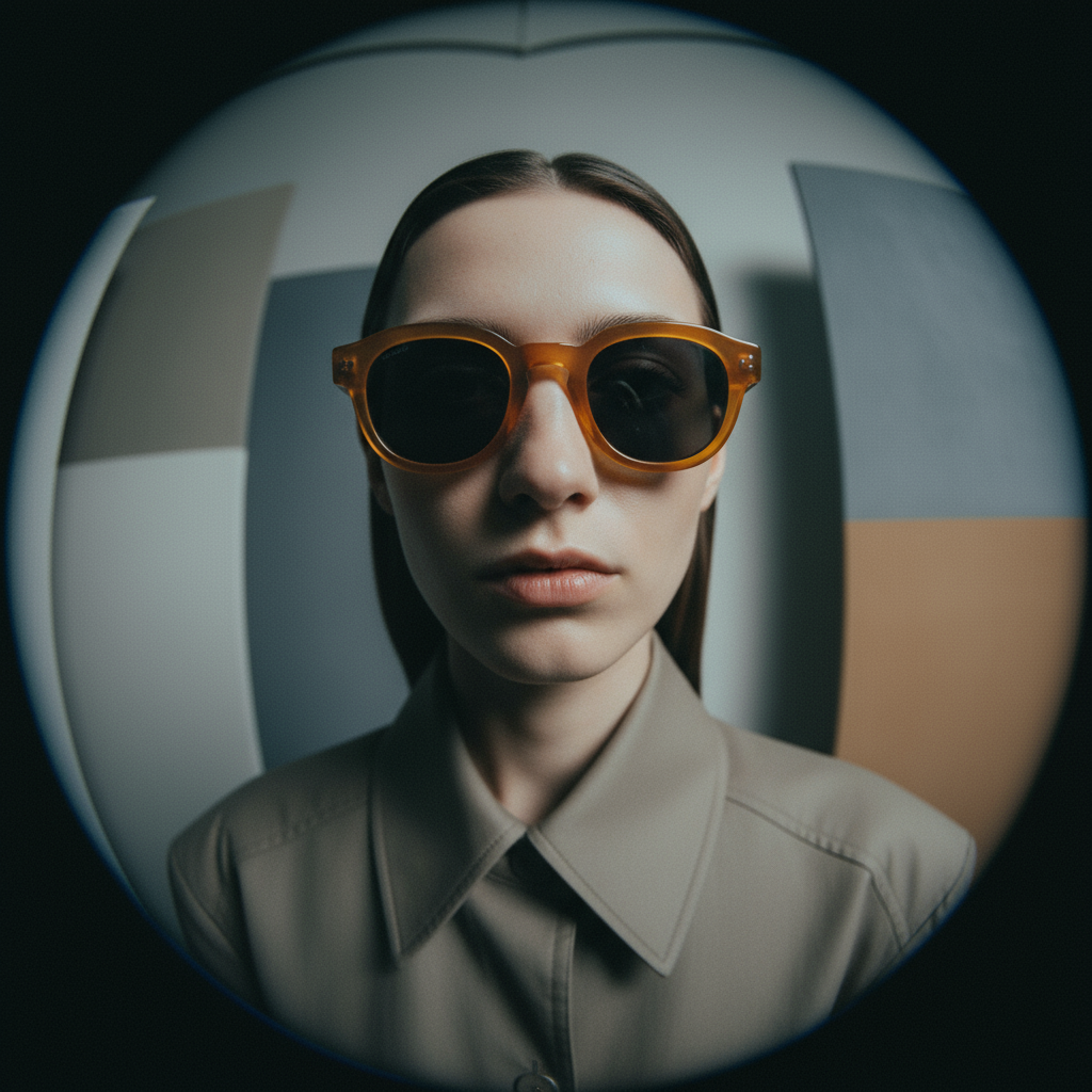 Person wearing orange sunglasses and a brown coat in front of a geometric background