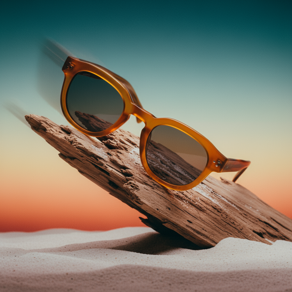 Sunglasses on a wooden log with a desert landscape in the background